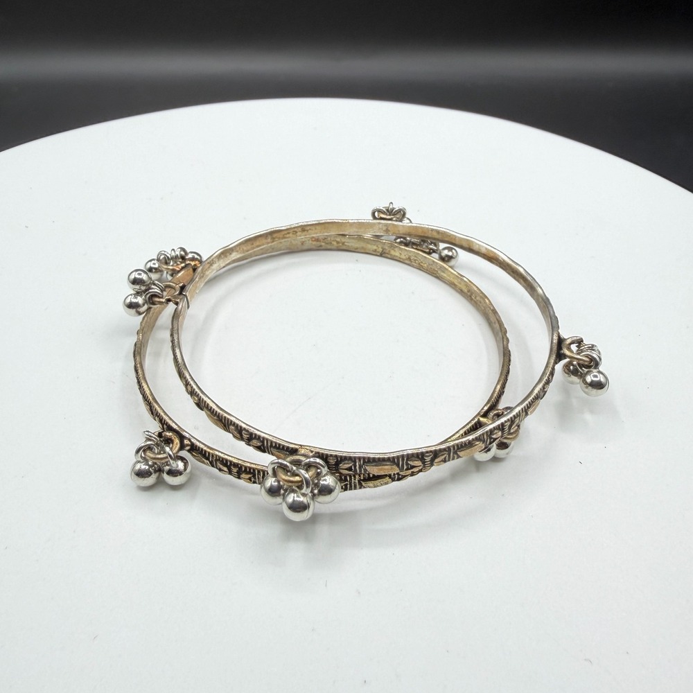 2Pc Etched Silver Tone Jingle Bell Bangle Bracelets Boho Stackable Festival Gift